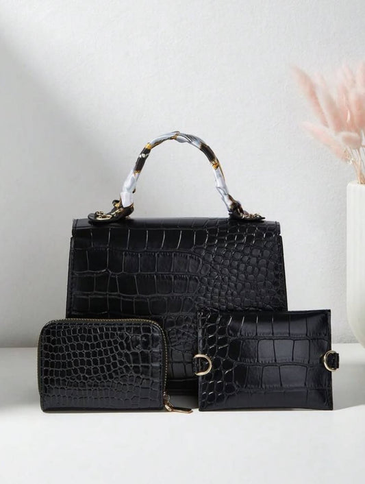 3pcs SET- Shoulder & Crossbody Bag- Silk Scarf- Purse- Wallet