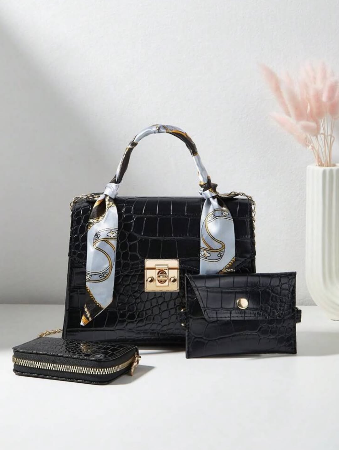 3pcs SET- Shoulder & Crossbody Bag- Silk Scarf- Purse- Wallet